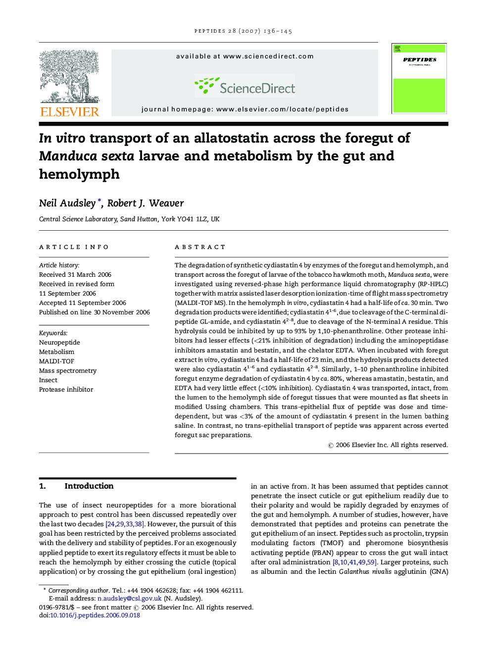 In vitro transport of an allatostatin across the foregut of Manduca sexta larvae and metabolism by the gut and hemolymph