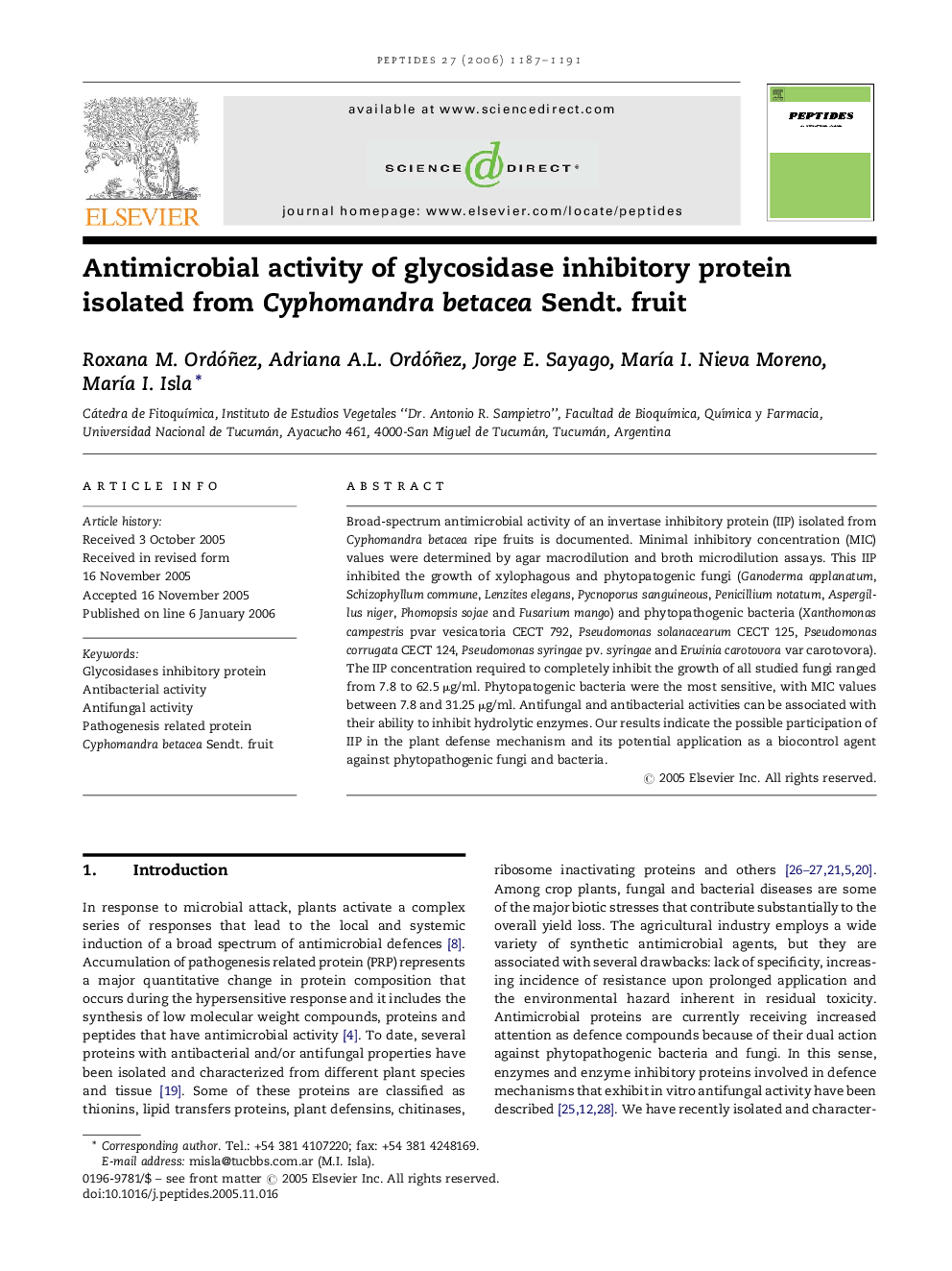 Antimicrobial activity of glycosidase inhibitory protein isolated from Cyphomandra betacea Sendt. fruit