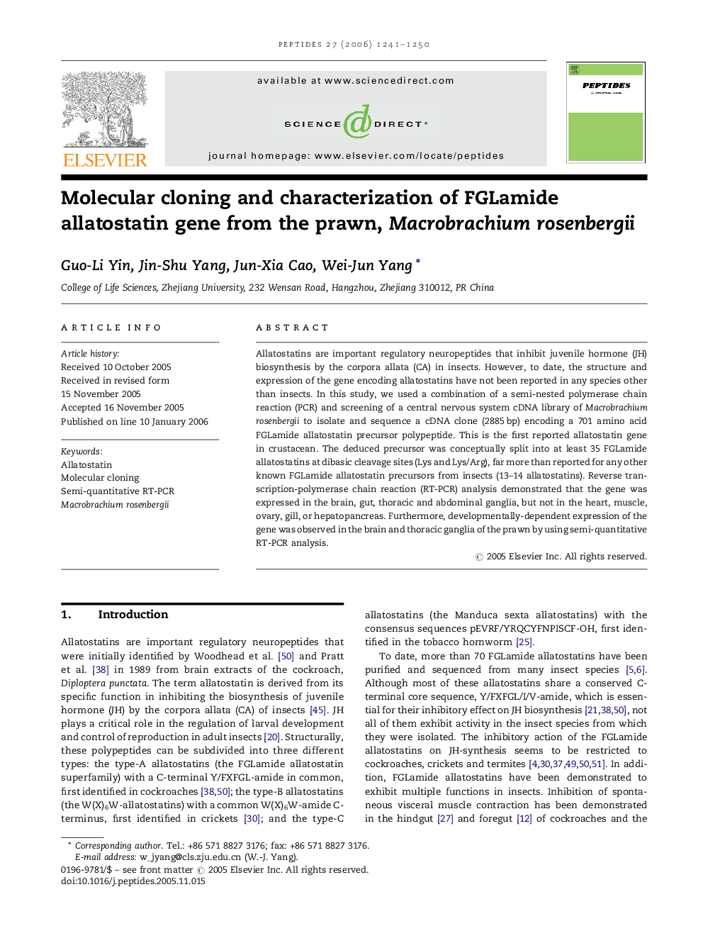 Molecular cloning and characterization of FGLamide allatostatin gene from the prawn, Macrobrachium rosenbergii