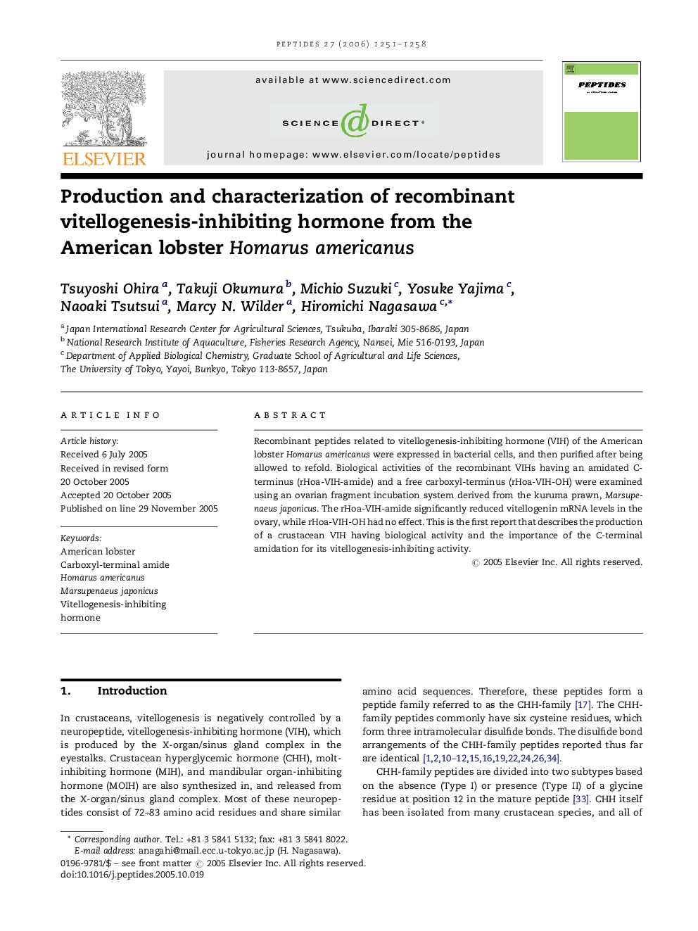 Production and characterization of recombinant vitellogenesis-inhibiting hormone from the American lobster Homarus americanus