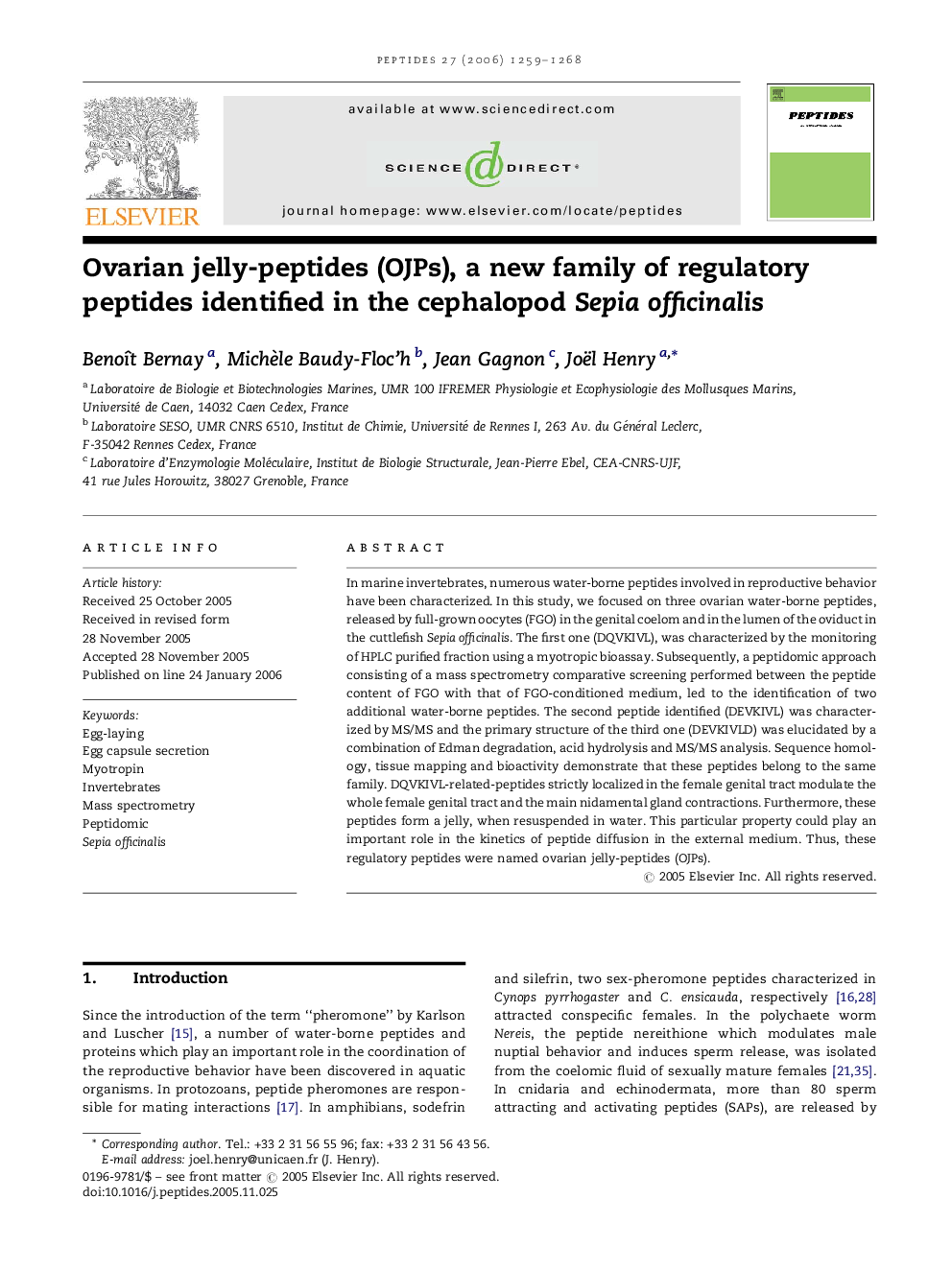 Ovarian jelly-peptides (OJPs), a new family of regulatory peptides identified in the cephalopod Sepia officinalis