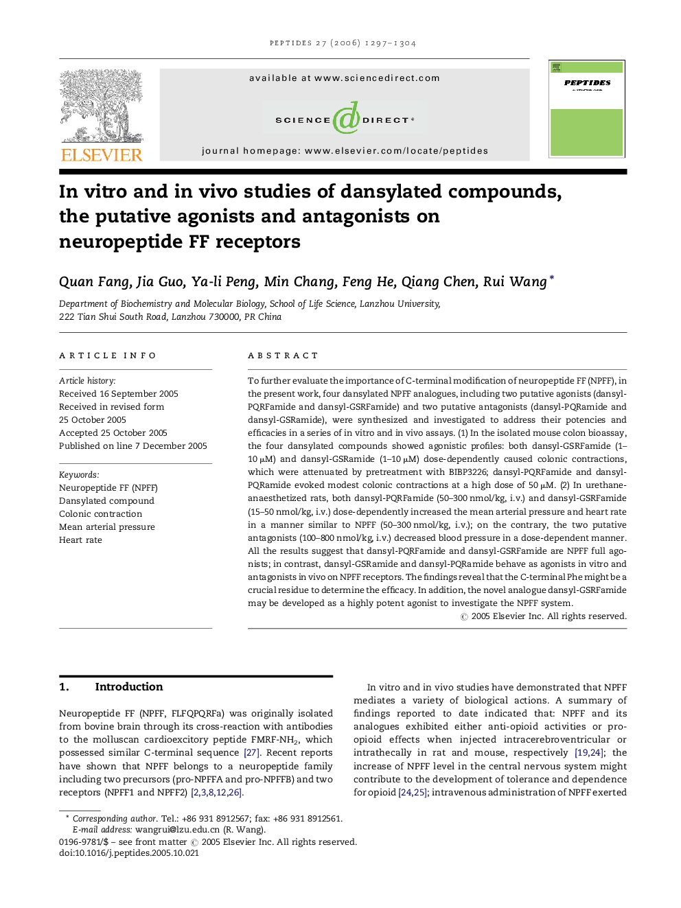 In vitro and in vivo studies of dansylated compounds, the putative agonists and antagonists on neuropeptide FF receptors