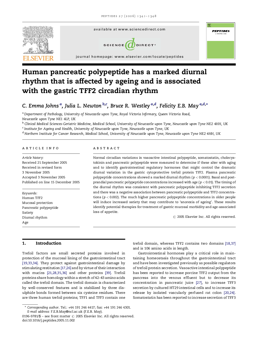 Human pancreatic polypeptide has a marked diurnal rhythm that is affected by ageing and is associated with the gastric TFF2 circadian rhythm