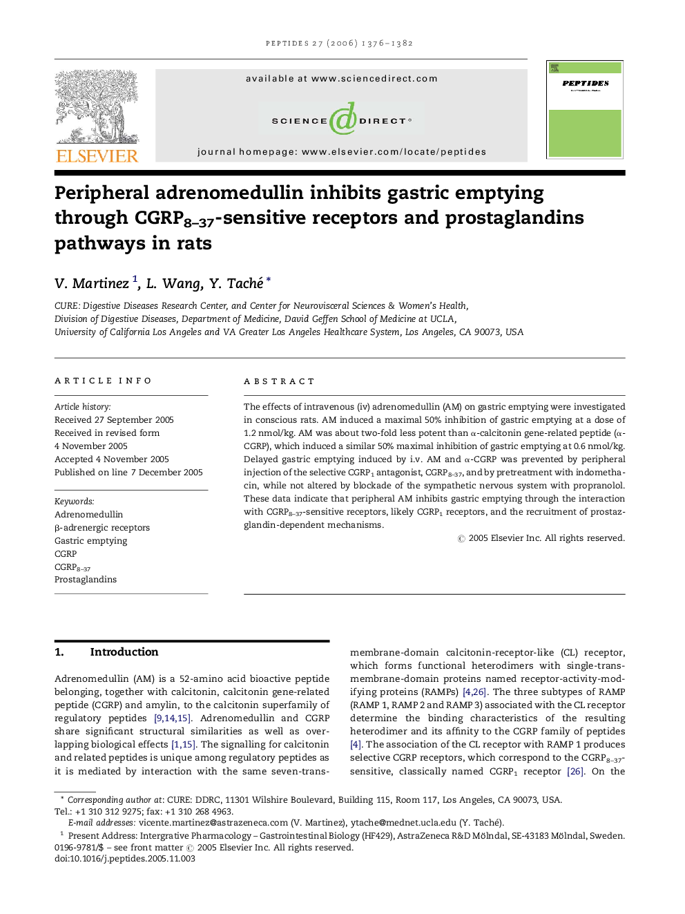 Peripheral adrenomedullin inhibits gastric emptying through CGRP8–37-sensitive receptors and prostaglandins pathways in rats