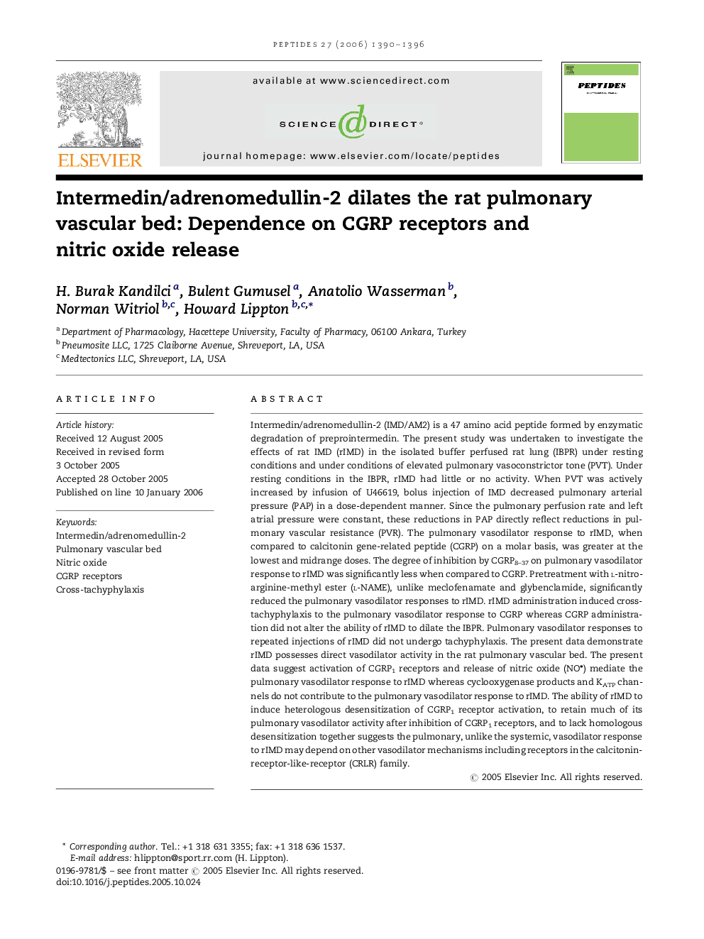 Intermedin/adrenomedullin-2 dilates the rat pulmonary vascular bed: Dependence on CGRP receptors and nitric oxide release