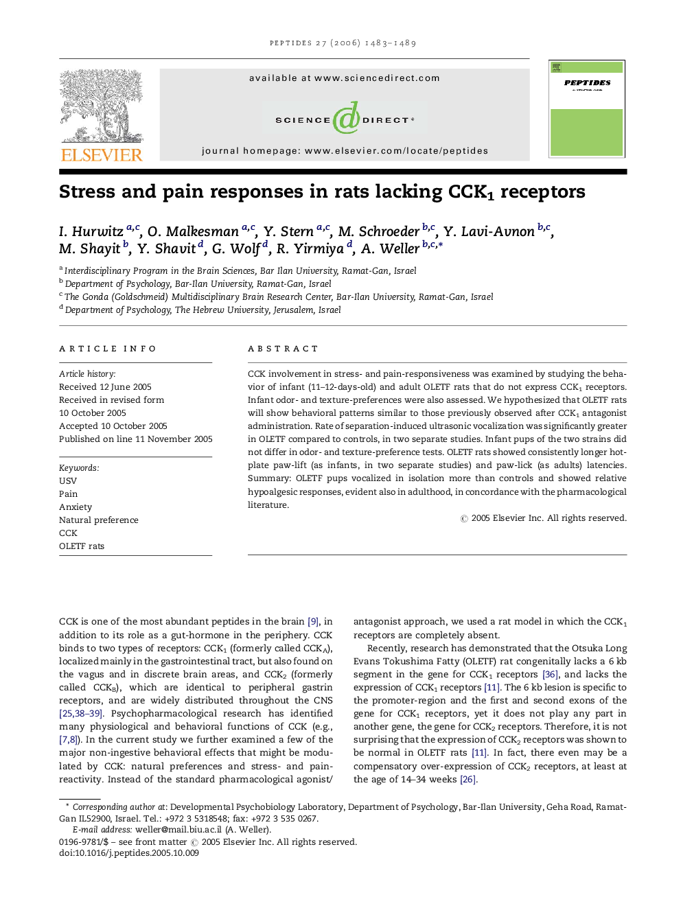 Stress and pain responses in rats lacking CCK1 receptors