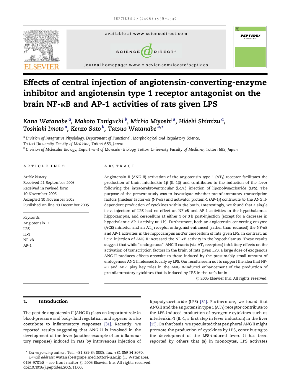 Effects of central injection of angiotensin-converting-enzyme inhibitor and angiotensin type 1 receptor antagonist on the brain NF-κB and AP-1 activities of rats given LPS