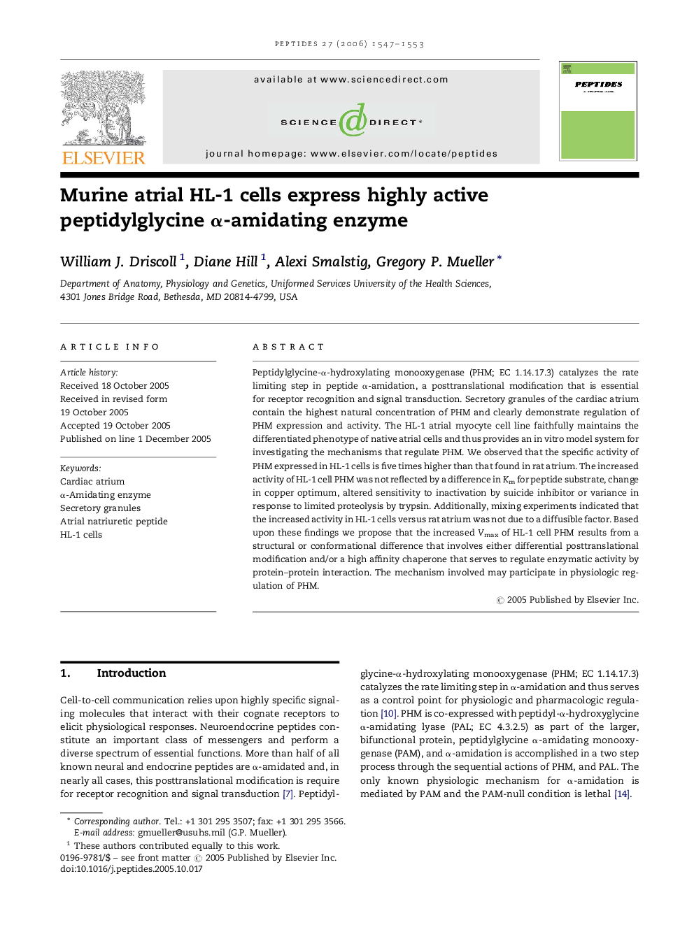 Murine atrial HL-1 cells express highly active peptidylglycine Î±-amidating enzyme