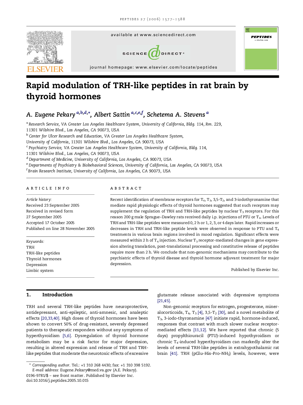 Rapid modulation of TRH-like peptides in rat brain by thyroid hormones