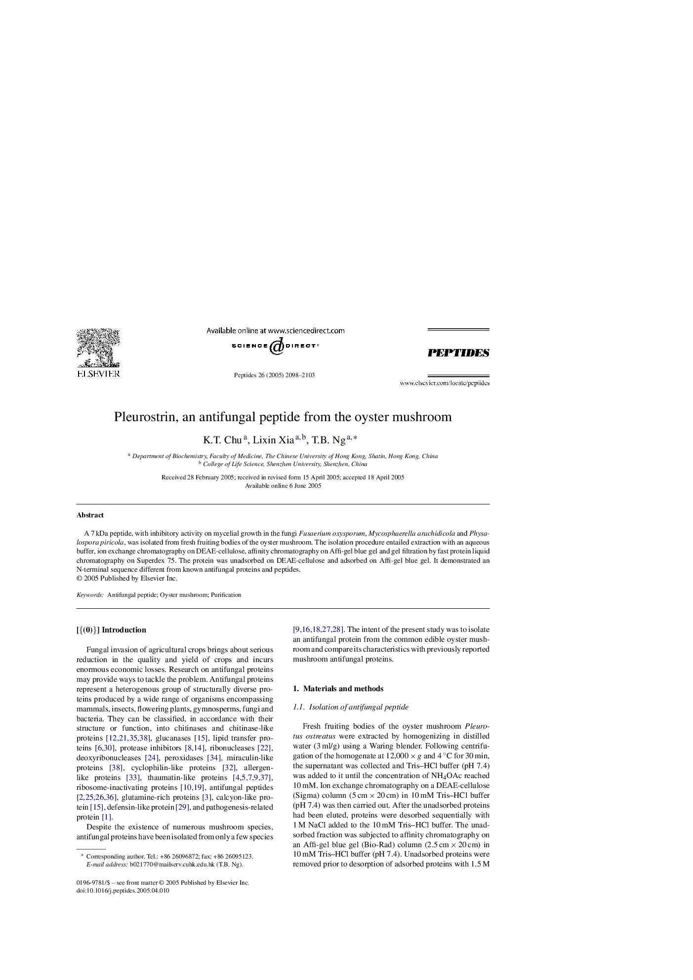 Pleurostrin, an antifungal peptide from the oyster mushroom