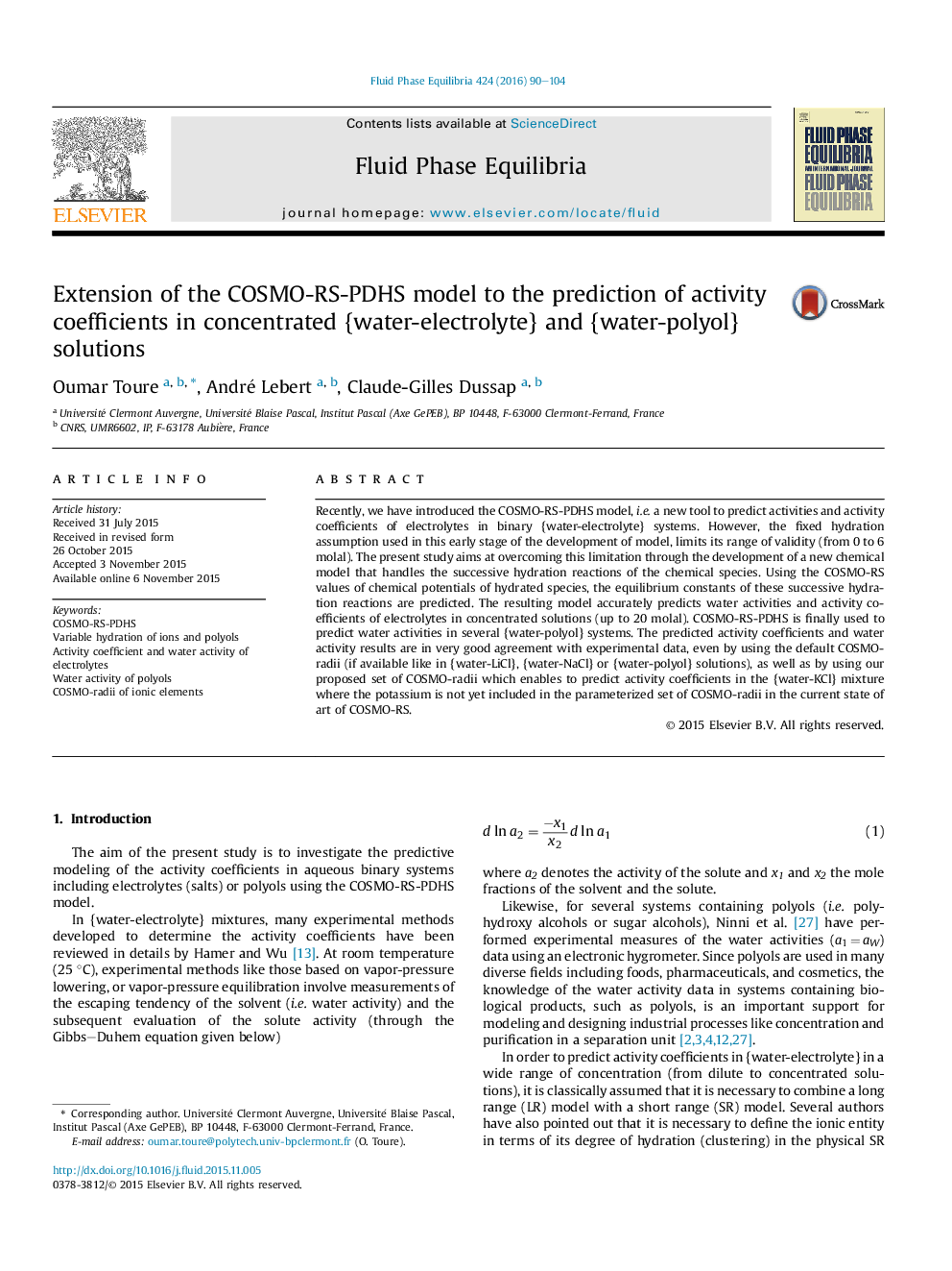 عکس صفحه اول مقاله: Extension of the COSMO-RS-PDHS model to the prediction of activity coefficients in concentrated {water-electrolyte} and {water-polyol} solutions Extension of the COSMO-RS-PDHS model to the prediction of activity coefficients in concentrated {water-electrolyte} and {water-polyol} solutions