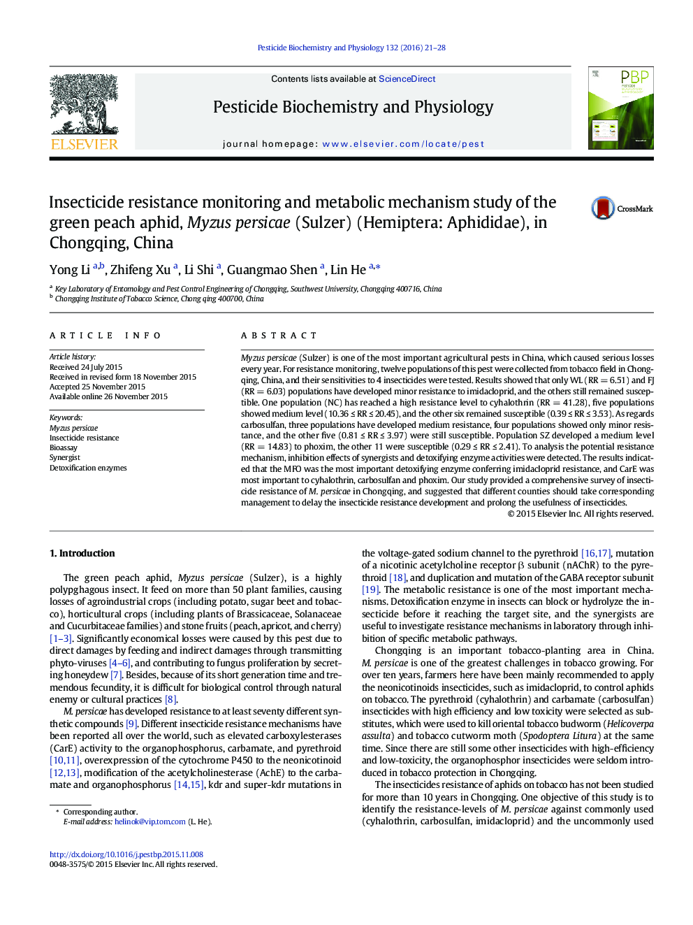 Insecticide resistance monitoring and metabolic mechanism study of the green peach aphid, Myzus persicae (Sulzer) (Hemiptera: Aphididae), in Chongqing, China
