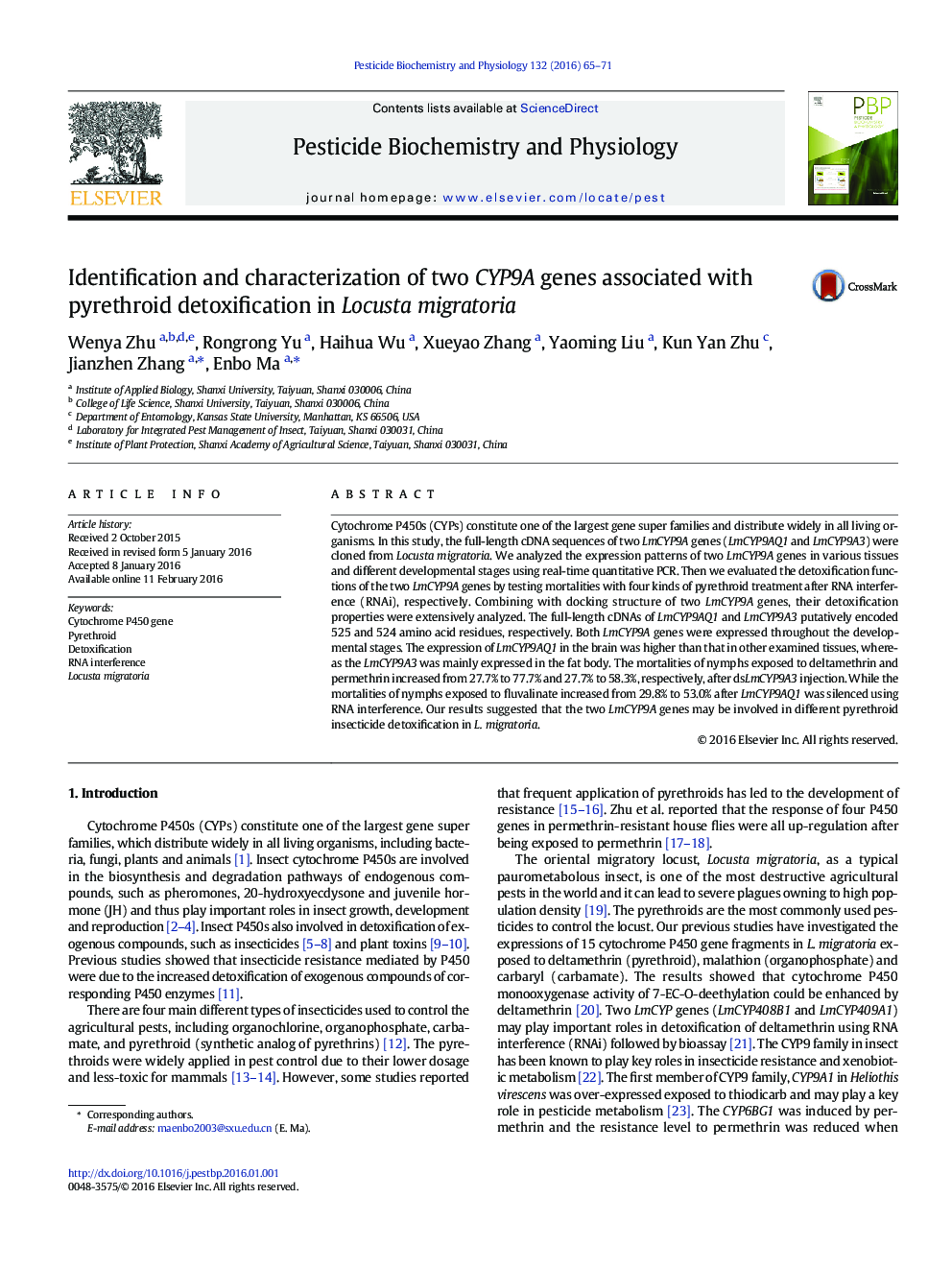 Identification and characterization of two CYP9A genes associated with pyrethroid detoxification in Locusta migratoria