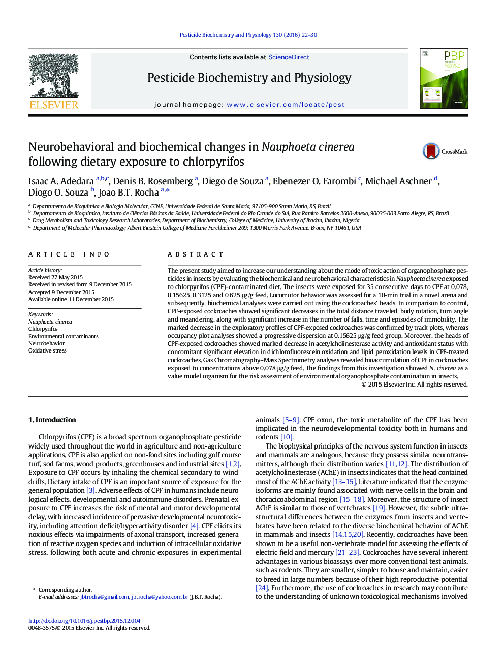 Neurobehavioral and biochemical changes in Nauphoeta cinerea following dietary exposure to chlorpyrifos