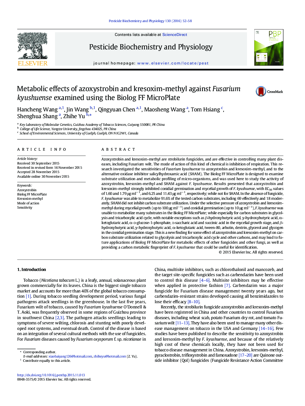 Metabolic effects of azoxystrobin and kresoxim-methyl against Fusarium kyushuense examined using the Biolog FF MicroPlate