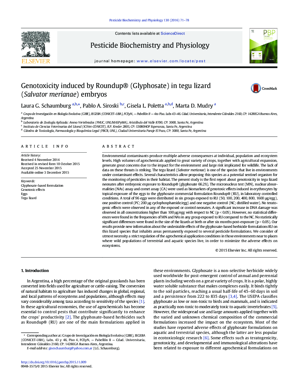 Genotoxicity induced by Roundup® (Glyphosate) in tegu lizard (Salvator merianae) embryos
