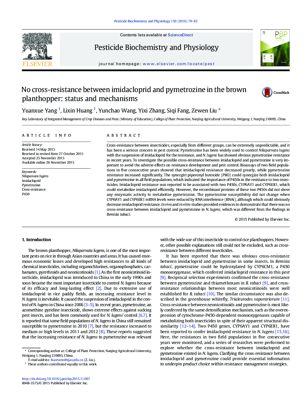 No cross-resistance between imidacloprid and pymetrozine in the brown planthopper: status and mechanisms