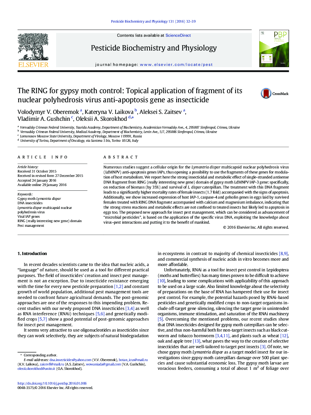 The RING for gypsy moth control: Topical application of fragment of its nuclear polyhedrosis virus anti-apoptosis gene as insecticide