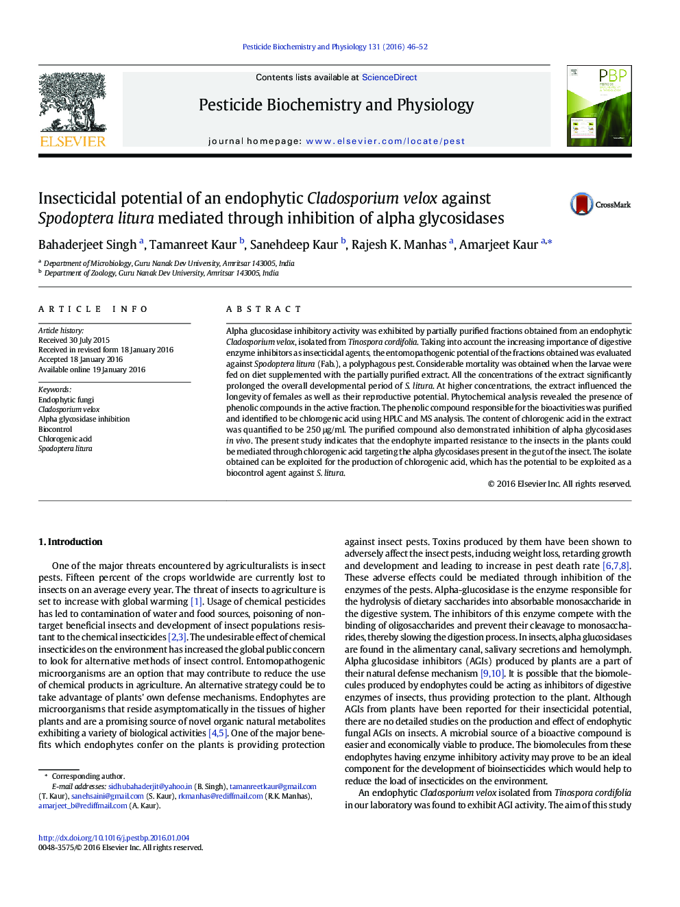 Insecticidal potential of an endophytic Cladosporium velox against Spodoptera litura mediated through inhibition of alpha glycosidases