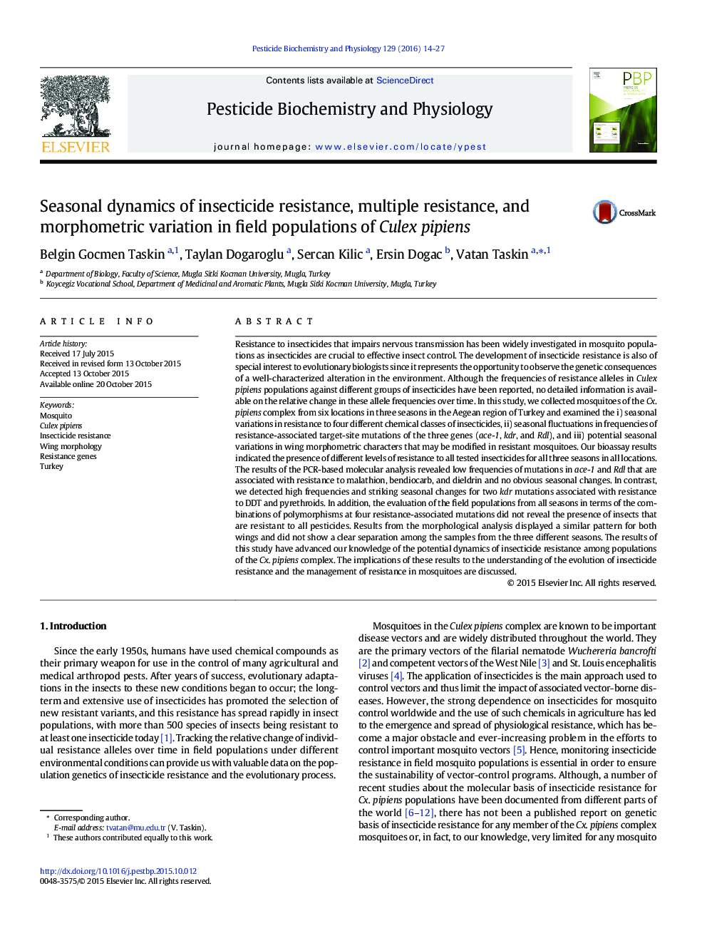 Seasonal dynamics of insecticide resistance, multiple resistance, and morphometric variation in field populations of Culex pipiens