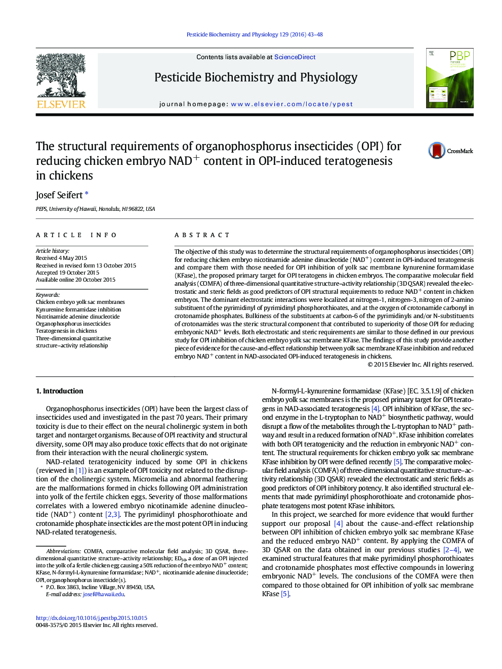 الزامات ساختاری حشره کش های ارگانوفسفره (OPI) برای کاهش محتوای NAD + جنین مرغ در تراتوژنز ناشی از OPI در جوجه ها