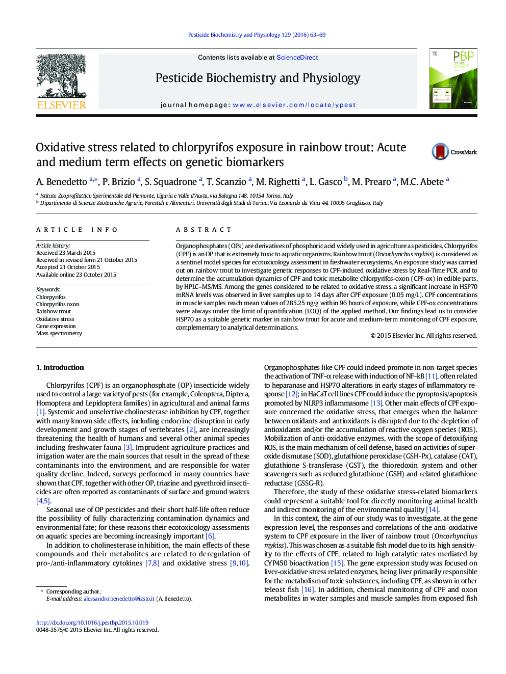 استرس اکسیداتیو مربوط به قرار گرفتن در معرض کلرپیریفوس در ماهی قزل آلای رنگین کمان: اثرات حاد و متوسطه بر روی زیستی ژنتیک 