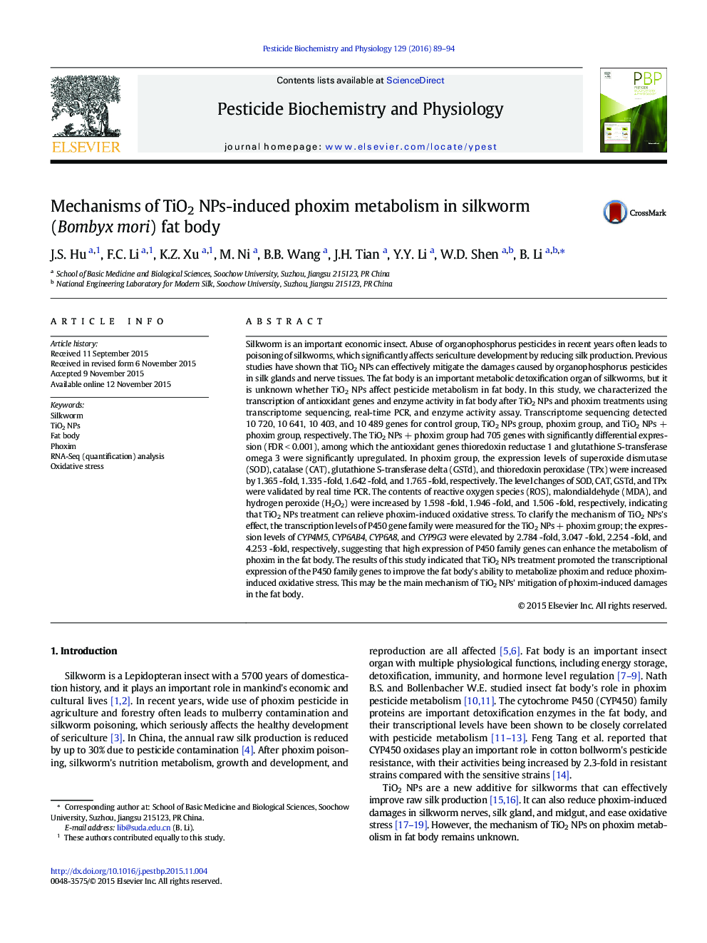 Mechanisms of TiO2 NPs-induced phoxim metabolism in silkworm (Bombyx mori) fat body