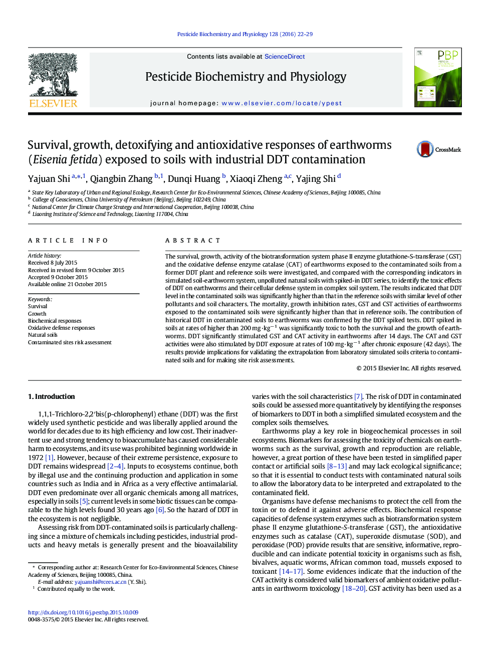 Survival, growth, detoxifying and antioxidative responses of earthworms (Eisenia fetida) exposed to soils with industrial DDT contamination