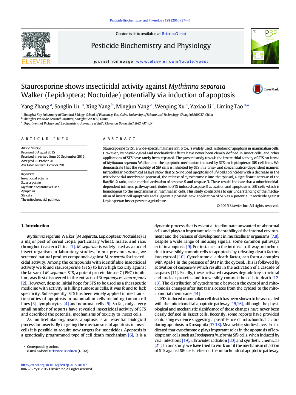 Staurosporine shows insecticidal activity against Mythimna separata Walker (Lepidoptera: Noctuidae) potentially via induction of apoptosis