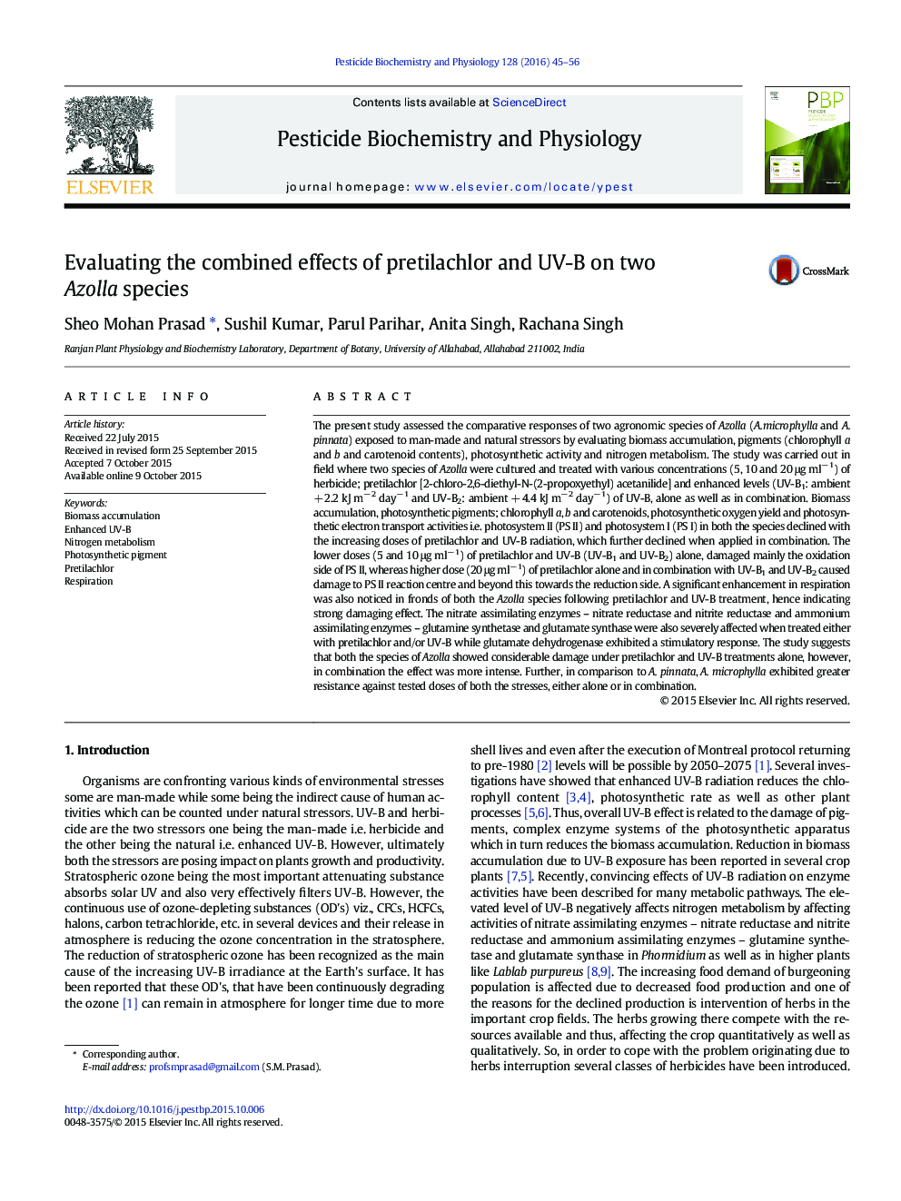 Evaluating the combined effects of pretilachlor and UV-B on two Azolla species