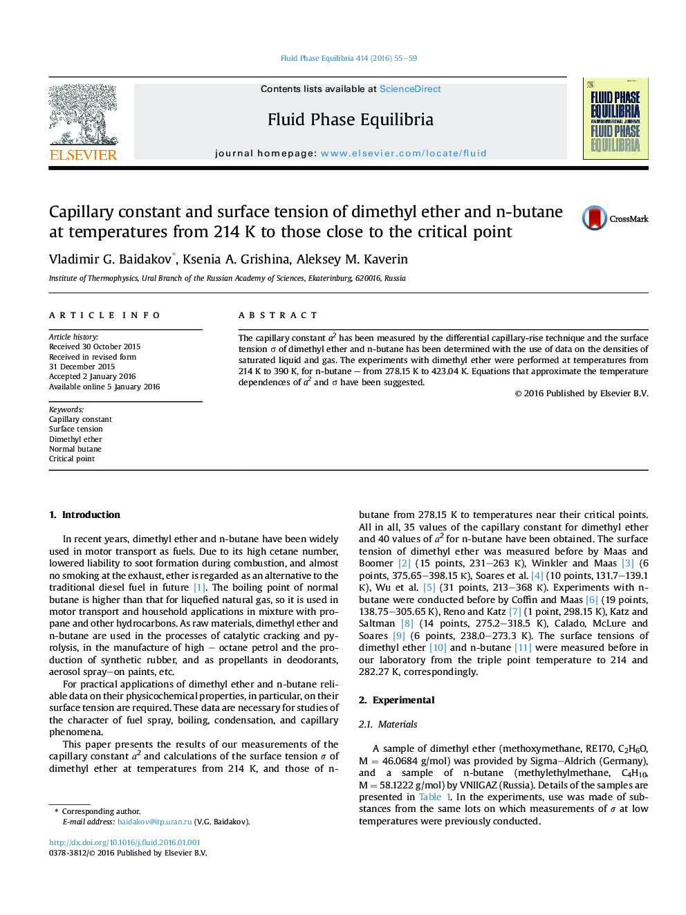 Capillary constant and surface tension of dimethyl ether and n-butane at temperatures from 214 K to those close to the critical point