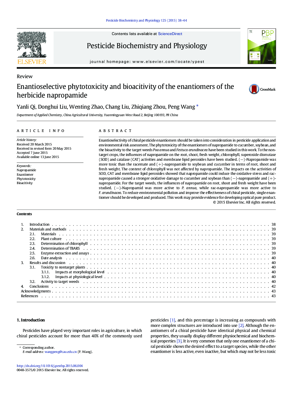 Enantioselective phytotoxicity and bioacitivity of the enantiomers of the herbicide napropamide