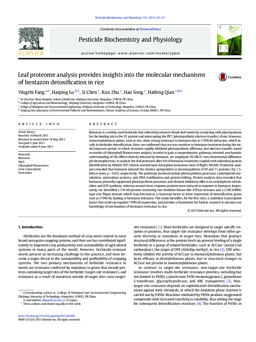 Leaf proteome analysis provides insights into the molecular mechanisms of bentazon detoxification in rice