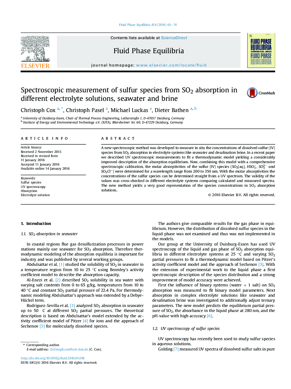 Spectroscopic measurement of sulfur species from SO2 absorption in different electrolyte solutions, seawater and brine