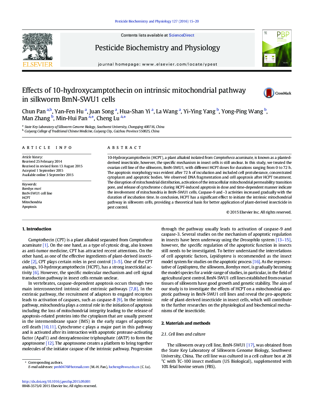 Effects of 10-hydroxycamptothecin on intrinsic mitochondrial pathway in silkworm BmN-SWU1 cells