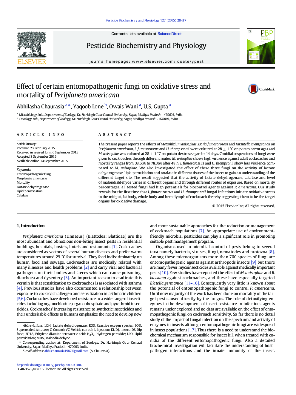 Effect of certain entomopathogenic fungi on oxidative stress and mortality of Periplaneta americana