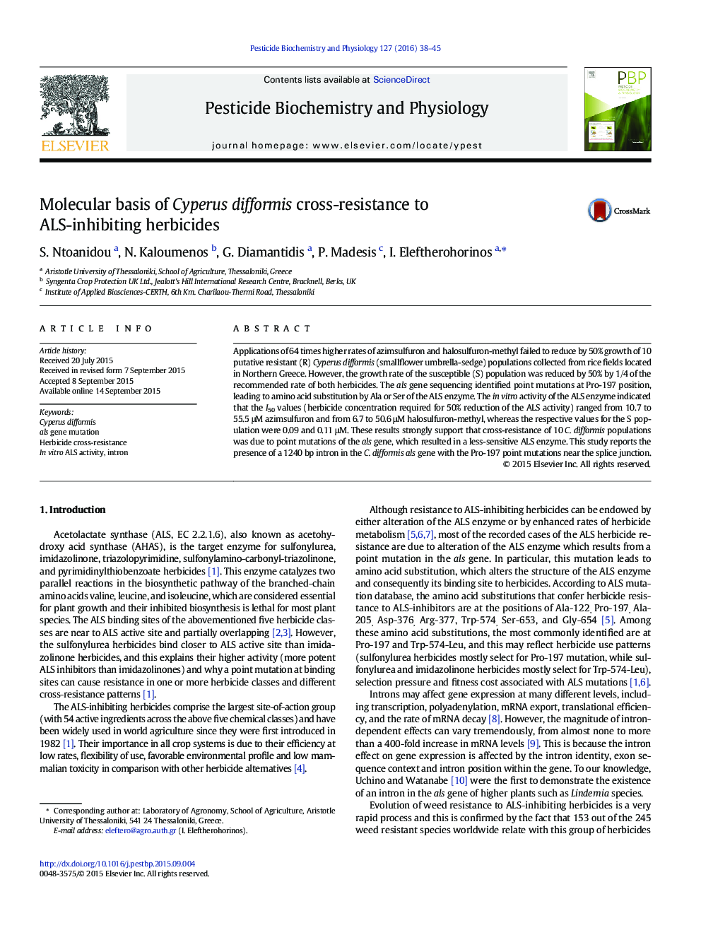 Molecular basis of Cyperus difformis cross-resistance to ALS-inhibiting herbicides