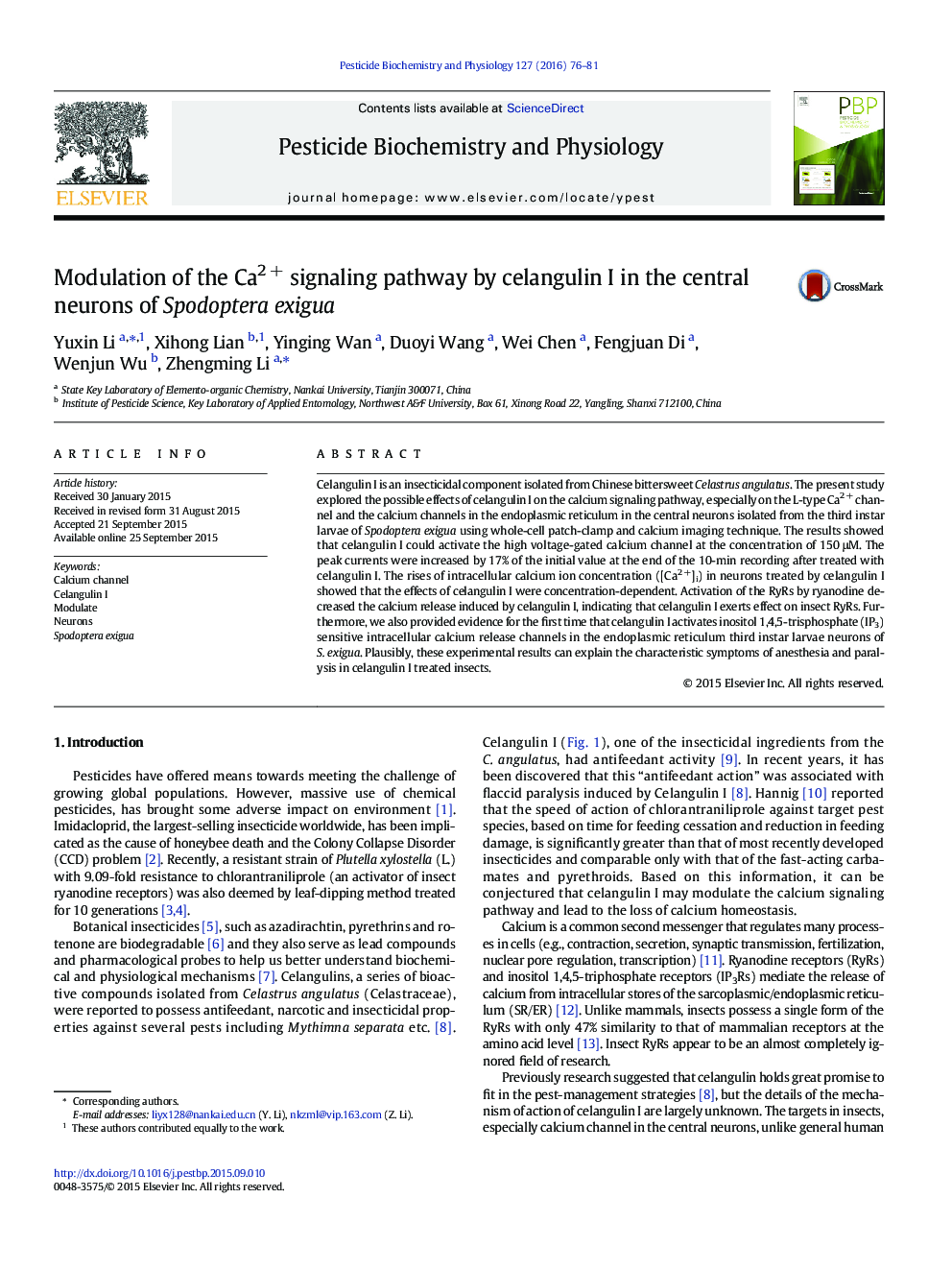 Modulation of the Ca2Â + signaling pathway by celangulin I in the central neurons of Spodoptera exigua