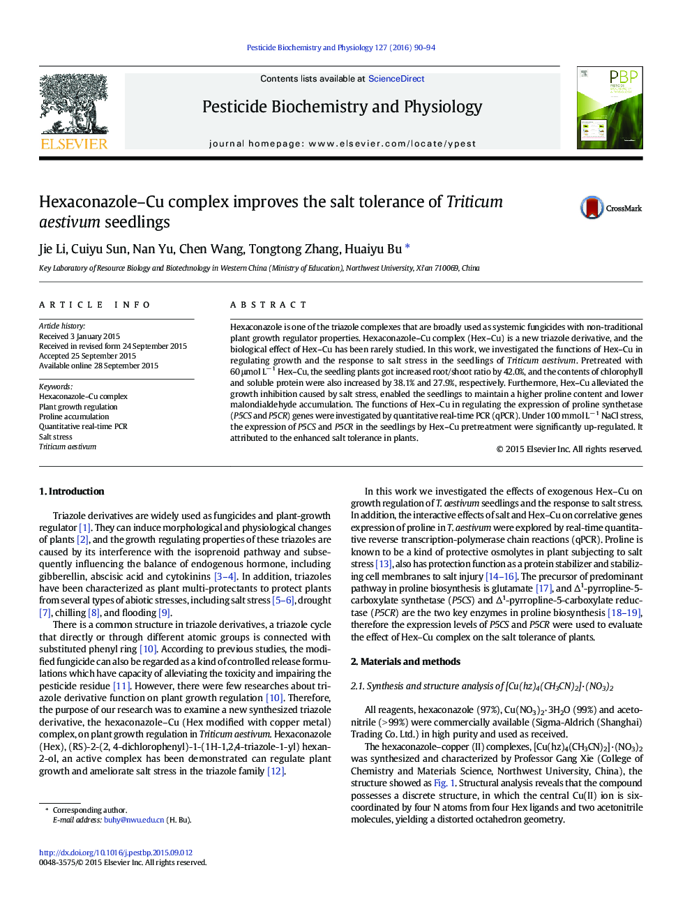 Hexaconazole-Cu complex improves the salt tolerance of Triticum aestivum seedlings