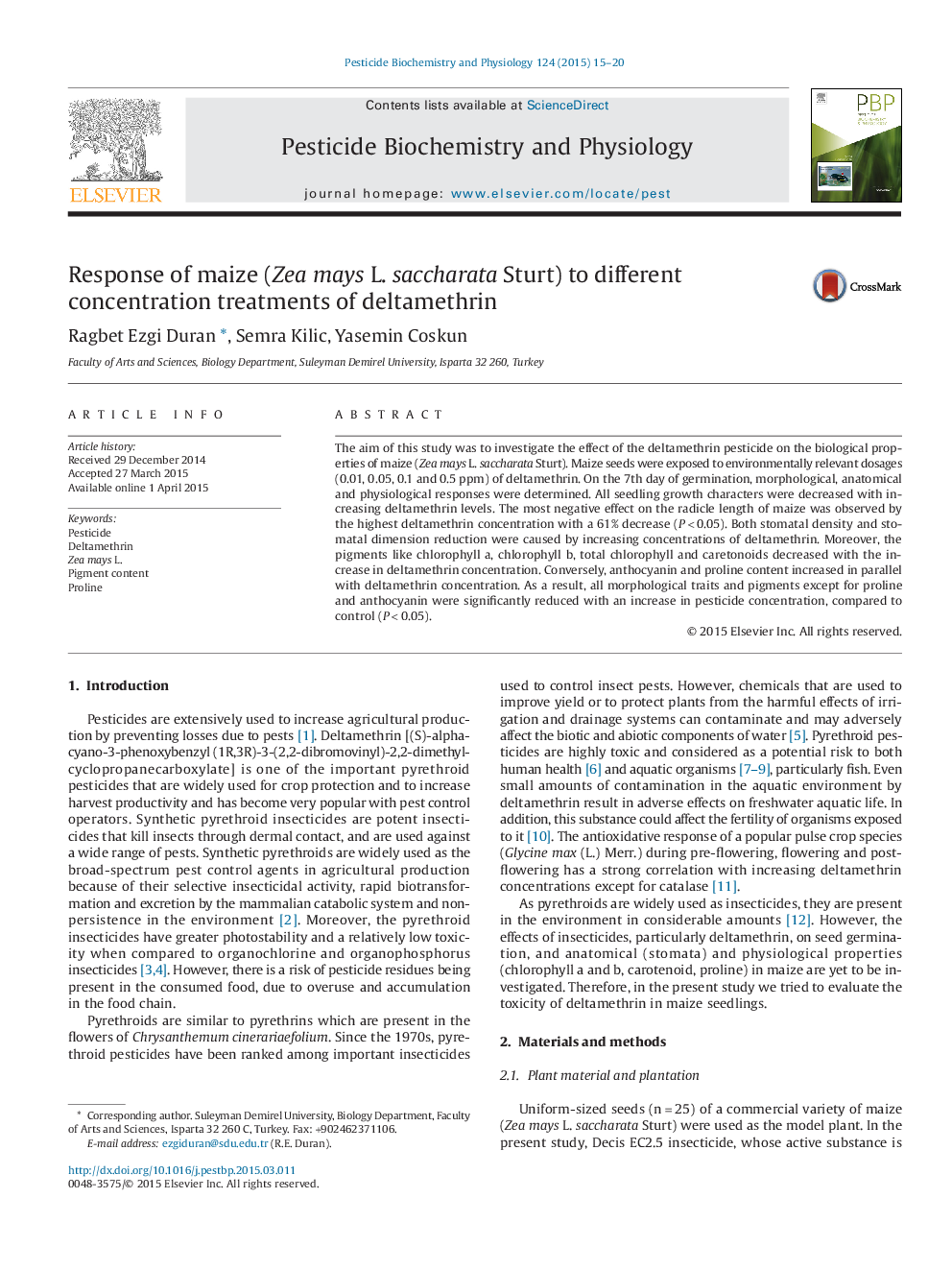 Response of maize (Zea mays L. saccharata Sturt) to different concentration treatments of deltamethrin