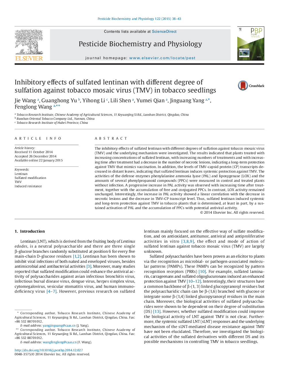 Inhibitory effects of sulfated lentinan with different degree of sulfation against tobacco mosaic virus (TMV) in tobacco seedlings