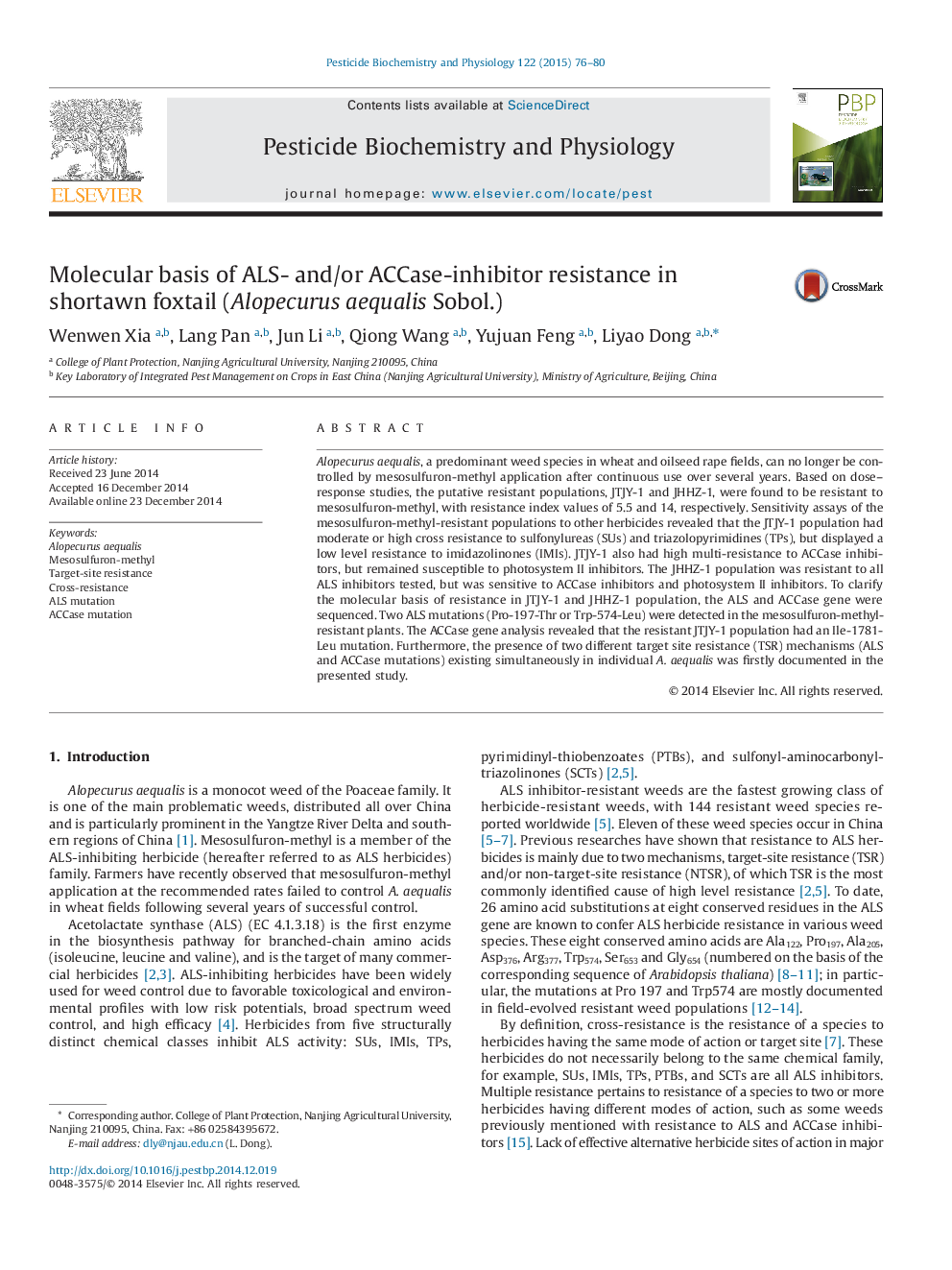 Molecular basis of ALS- and/or ACCase-inhibitor resistance in shortawn foxtail (Alopecurus aequalis Sobol.)