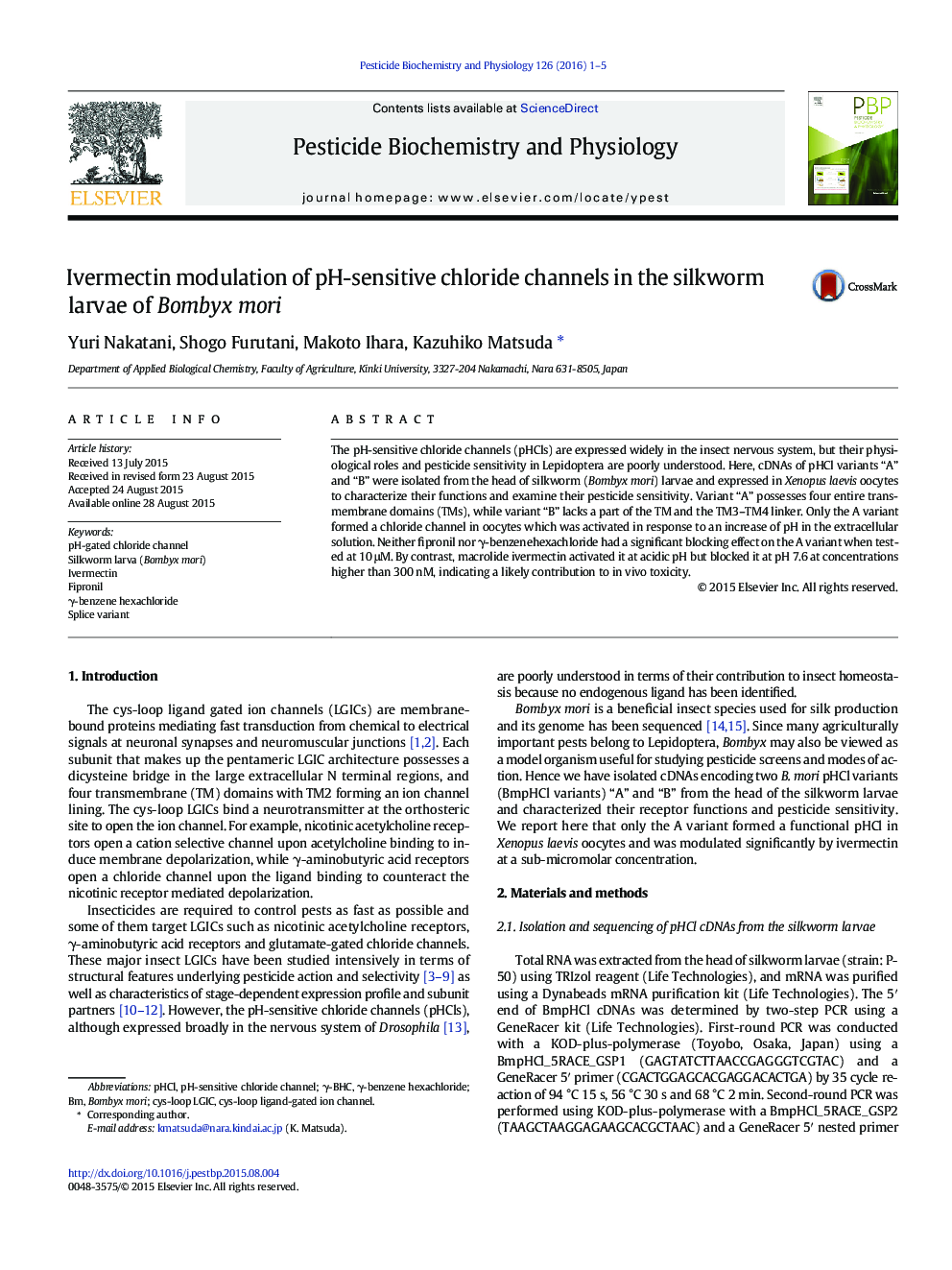 Ivermectin modulation of pH-sensitive chloride channels in the silkworm larvae of Bombyx mori
