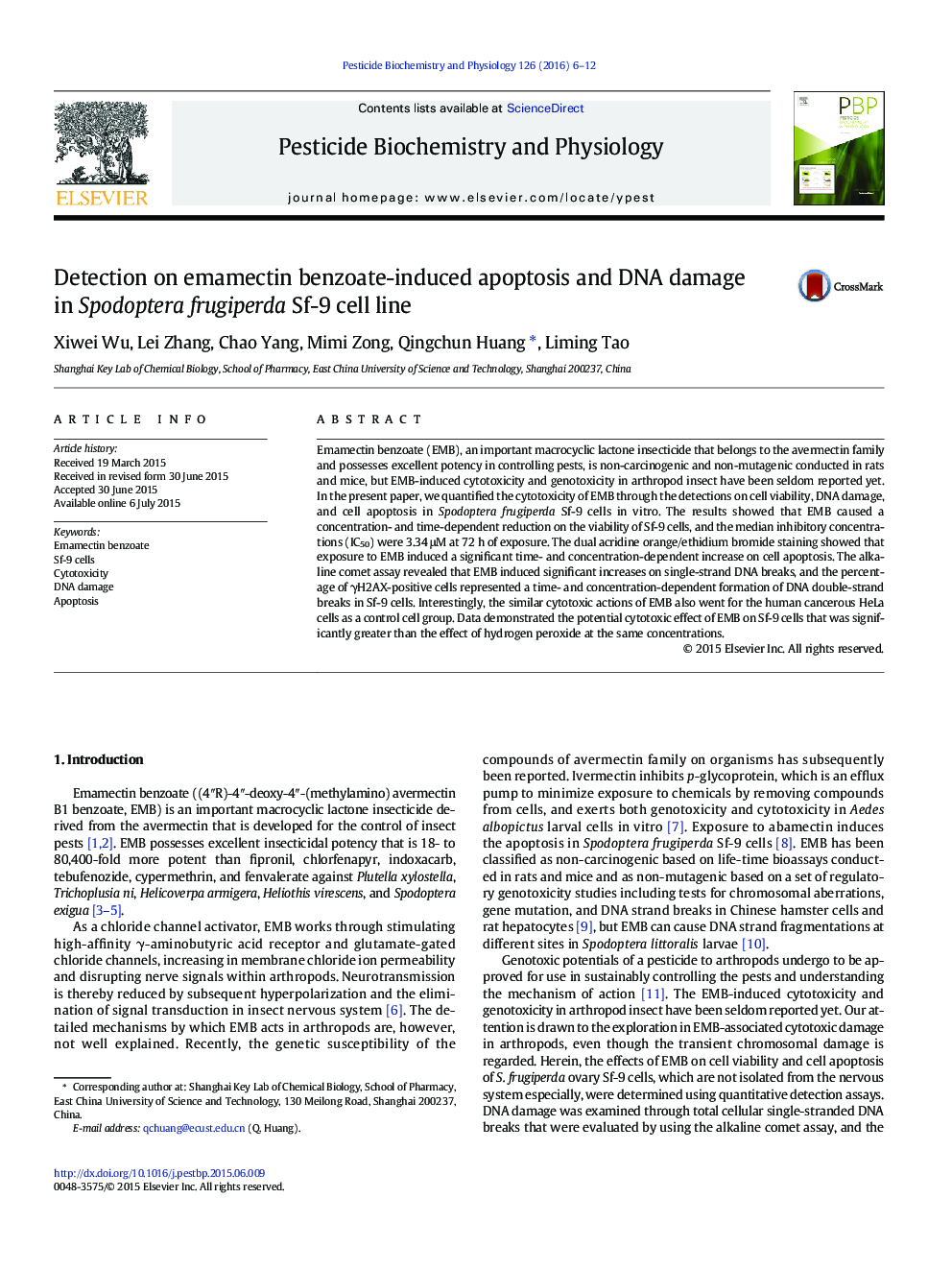 Detection on emamectin benzoate-induced apoptosis and DNA damage in Spodoptera frugiperda Sf-9 cell line