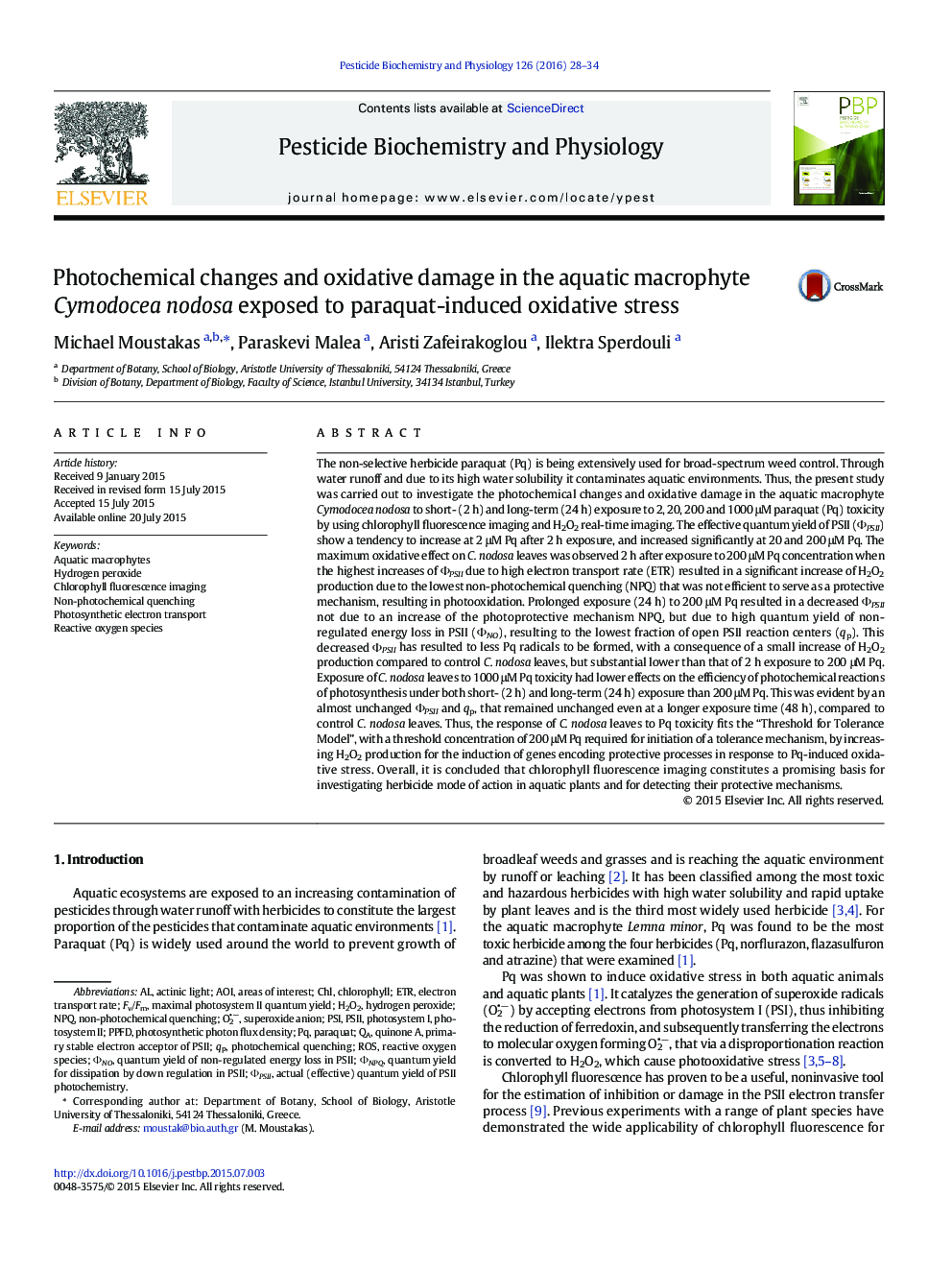 Photochemical changes and oxidative damage in the aquatic macrophyte Cymodocea nodosa exposed to paraquat-induced oxidative stress