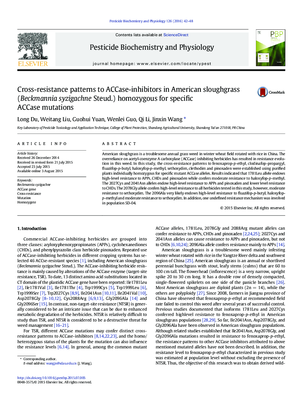 Cross-resistance patterns to ACCase-inhibitors in American sloughgrass (Beckmannia syzigachne Steud.) homozygous for specific ACCase mutations