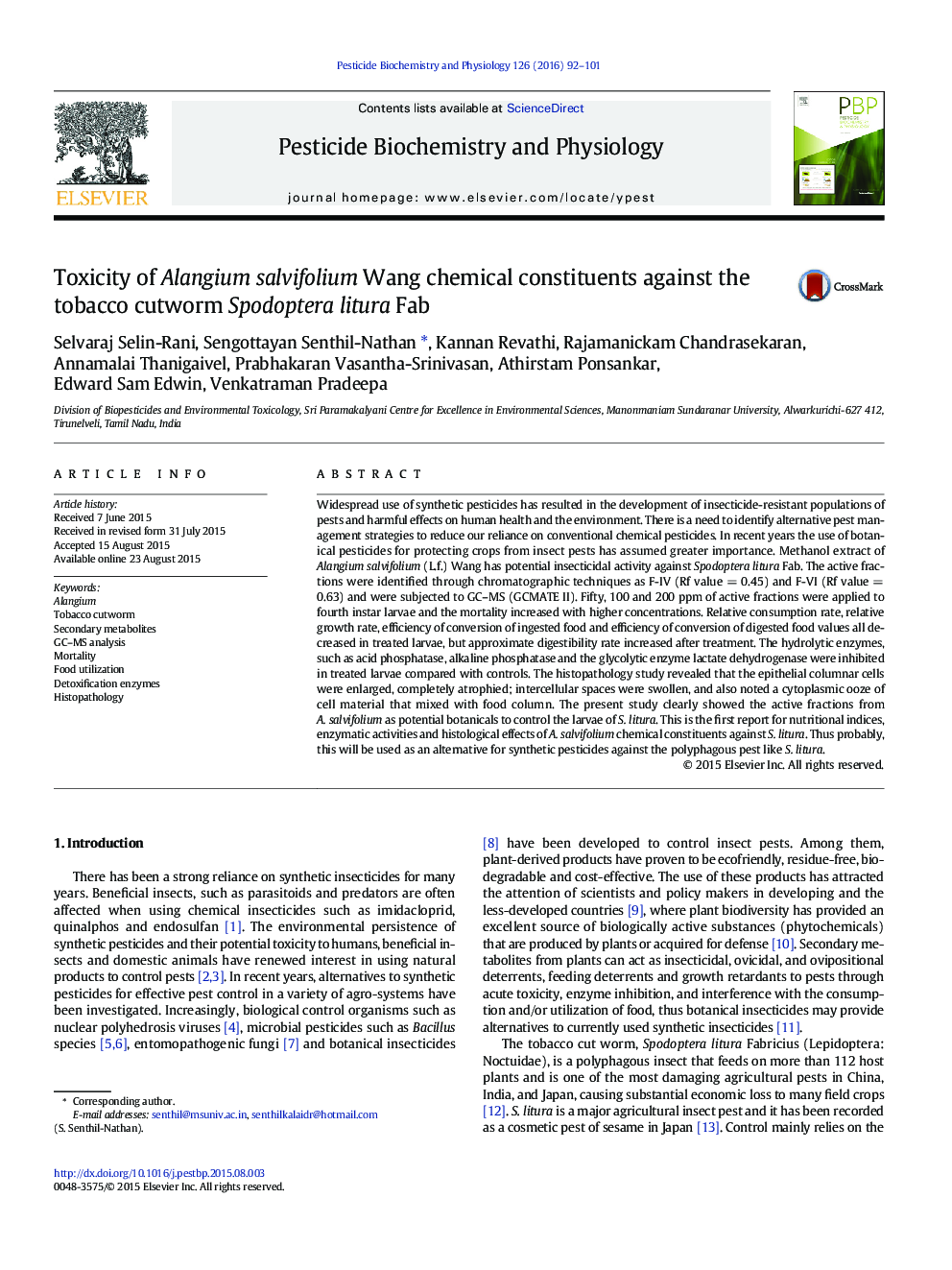 Toxicity of Alangium salvifolium Wang chemical constituents against the tobacco cutworm Spodoptera litura Fab