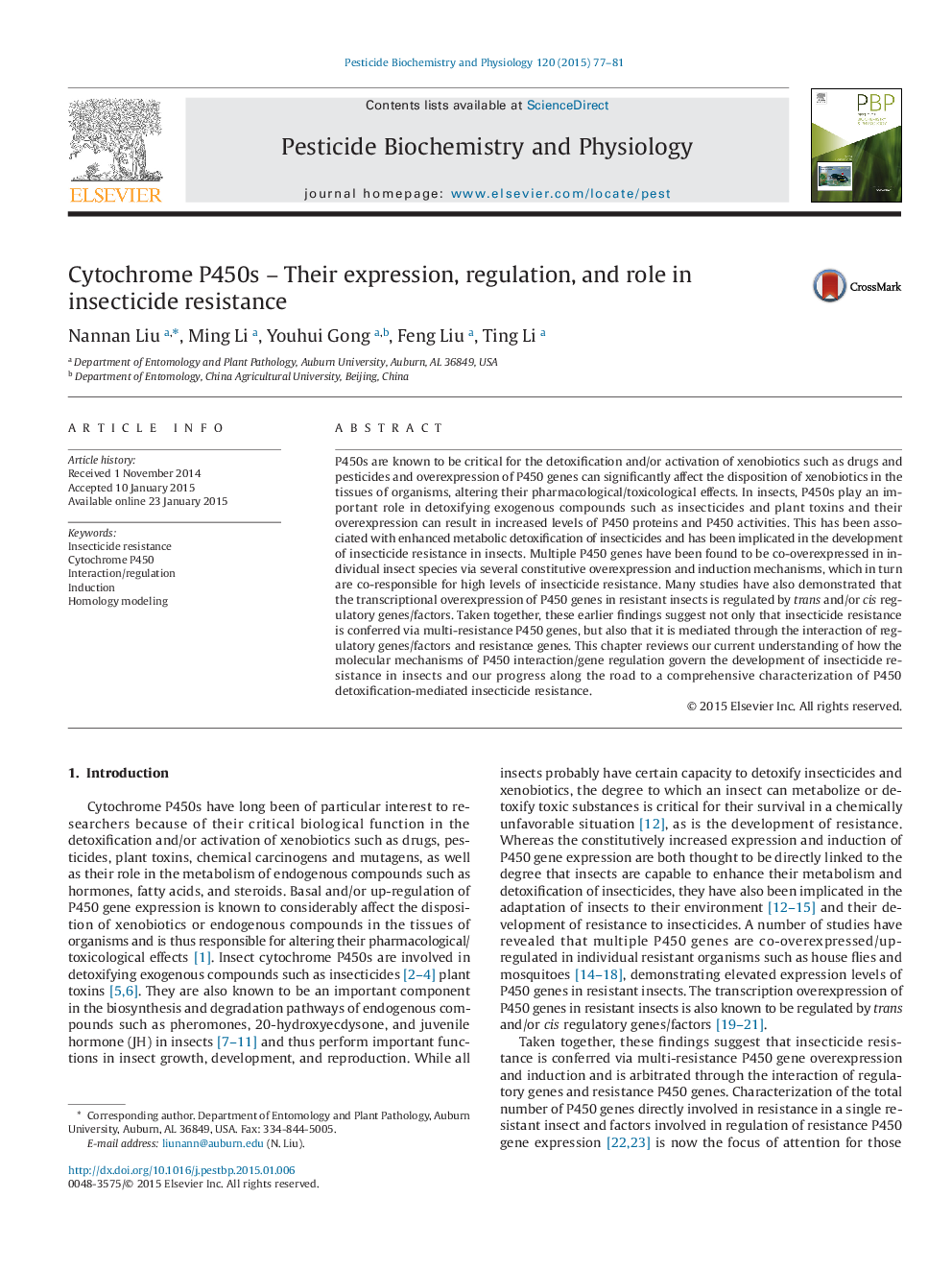 Cytochrome P450s – Their expression, regulation, and role in insecticide resistance