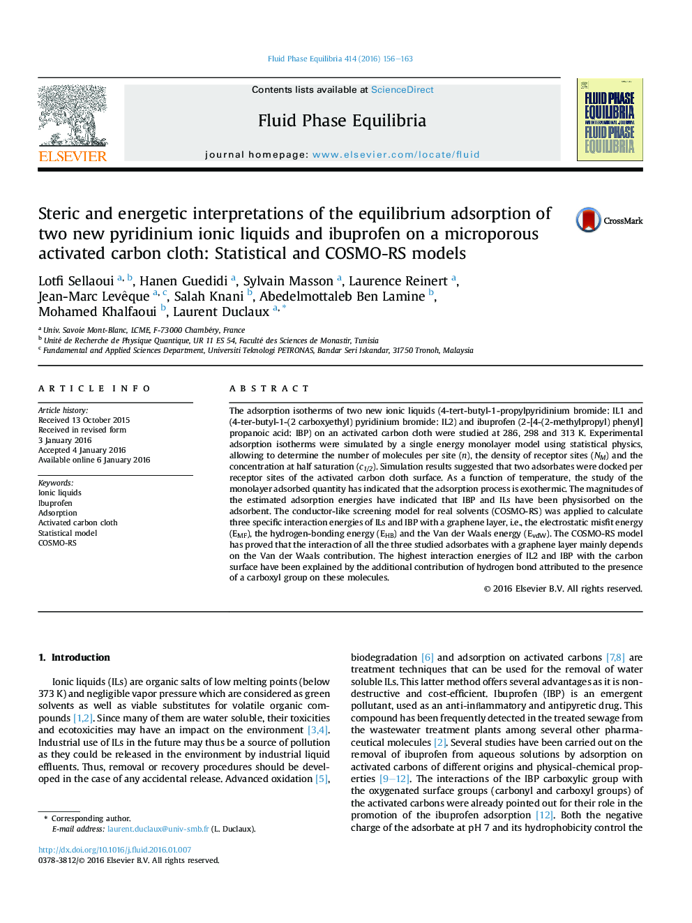 Steric and energetic interpretations of the equilibrium adsorption of two new pyridinium ionic liquids and ibuprofen on a microporous activated carbon cloth: Statistical and COSMO-RS models