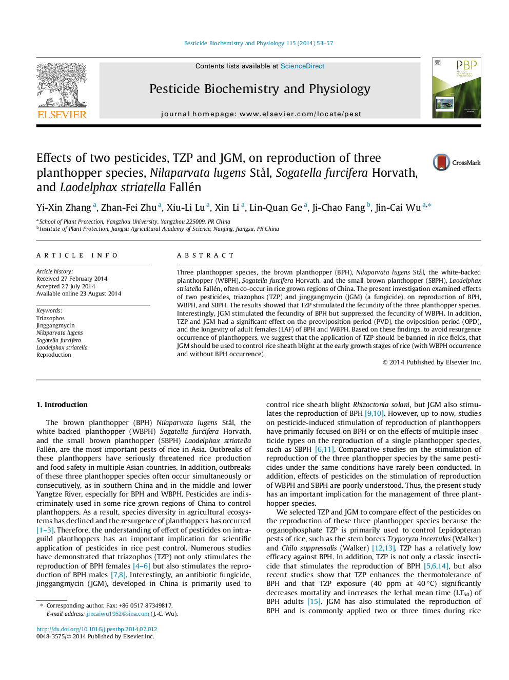 Effects of two pesticides, TZP and JGM, on reproduction of three planthopper species, Nilaparvata lugens Stål, Sogatella furcifera Horvath, and Laodelphax striatella Fallén